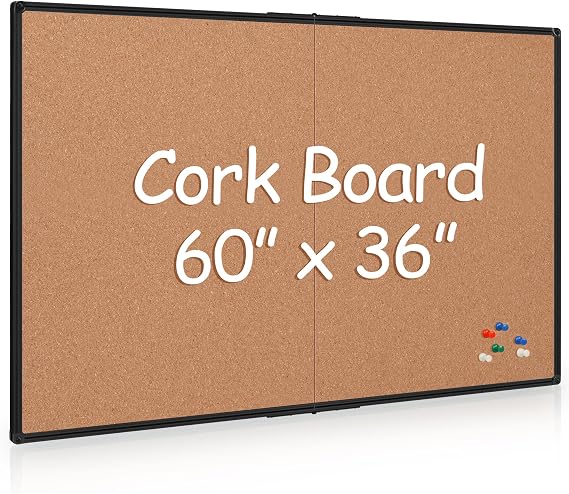 Extra Large Cork Bulletin Board 60" X 36", Foldable Notice Pin Board for Wall, Black Aluminum Framed 5'x3' Corkboard, Wall Mounted Noticeboard with 36 Push Pins for School, Home & Office