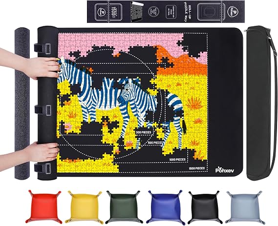 Pohxev Rubber Puzzle Mat Roll Up,Jigsaw Saver Pad Matt Rollup 46" x 26" Up to 1500 1000 500 Pieces, Upgraded Travel Storage Bag with 6 Sorting Trays Portable Keeper with Non-Slip Bottom.