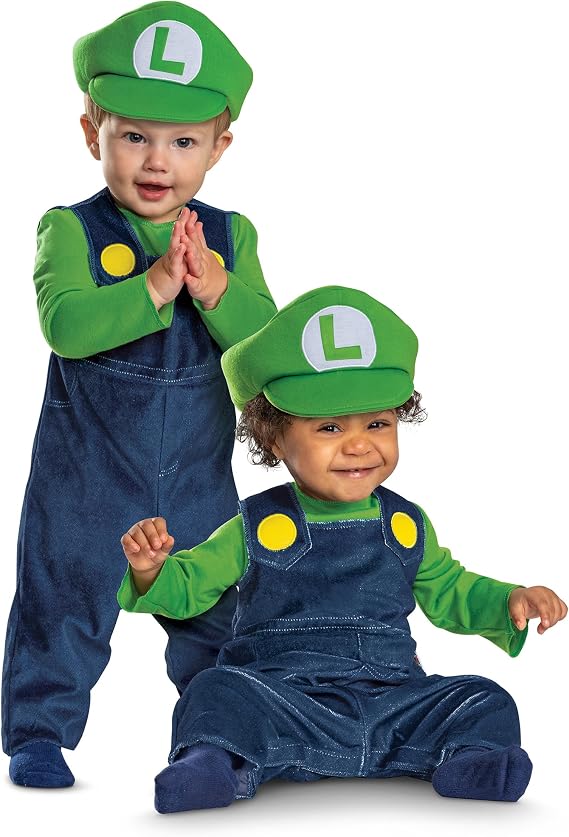 Disguise Luigi Infant Costume, Official Nintendo Super Mario Luigi Costume with Hat for Babies, Size (12-18 mths)