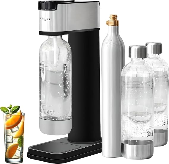 Soda Maker & Sparkling Water Machine, Stainless Steel, Includes 2 Bottles, DIY, Carbonated Water Maker, Soda Streaming Machine, Water Carbonator [Compatible w/Any CO2 Cylinder][Empty CO2 Included]