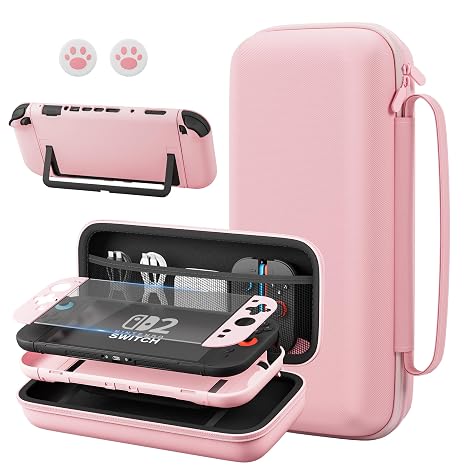 FANPL Pink Case Bundle for Nintendo Switch 2 (2025) Accessories, Portable Hard Carrying Cover with Protective Skin , Screen Protector, 2 Thumb Grips
