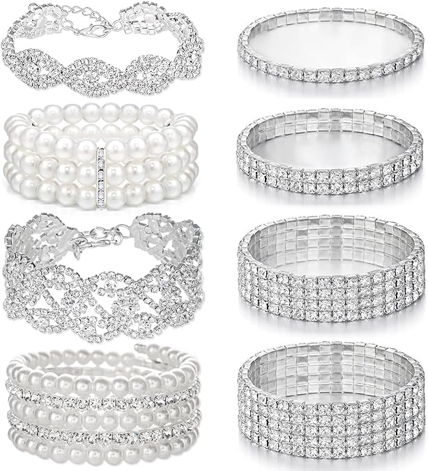 GIFIKOI Rhinestone Stretch Bracelets for Women Shiny Bridal Stackable Bracelet Elastic Multilayer Strand Link Tennis Bracelets Set
