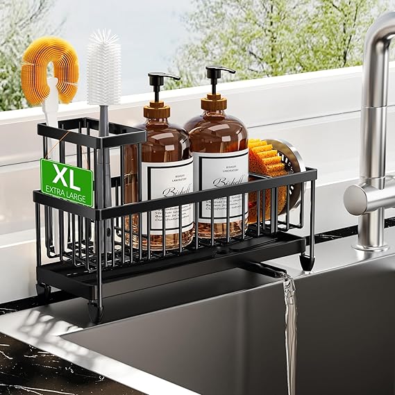 Cisily Sponge Holder for Kitchen Sink, Sink Caddy Organizer with High Brush Holder, Kitchen Countertop Organizers and Storage Essentials, Rustproof 304 Stainless Steel (Large Black, 10.62)