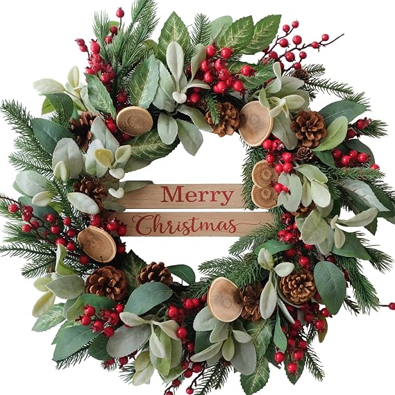 24 Inch Artificial Christmas Wreath with Lamb Leaves,Pine Cones and Red Berries,Winter Spring Front Door Wreath, Xms Decorations Natural Wreath for Indoor Outdoor Farmhouse Home Decor