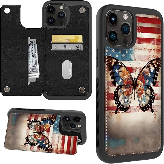 iPhone 16 Pro Max ウォレットケース カードホルダー付き アメリカ国旗 蝶 PUレザー RFIDブロック 磁気クラスプ クレジットスロット フリップ キックスタンド 耐衝撃カバー Apple iPhone 16 Pro Max 6.9インチ 2024年用