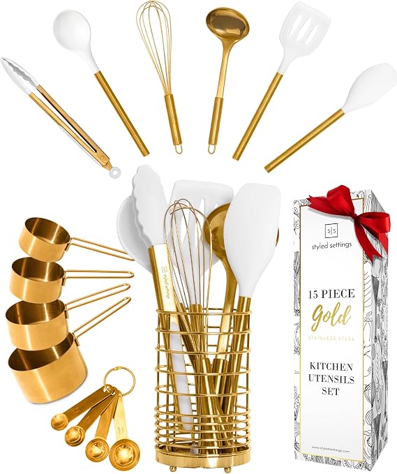 Styled Settings White and Gold Kitchen Utensils Set with Holder, 15-Piece | Nonstick BPA-Free Silicone Cooking Utensils with Measuring Cups and Spoons - Luxury Kitchen Accessories for Stylish Cooking