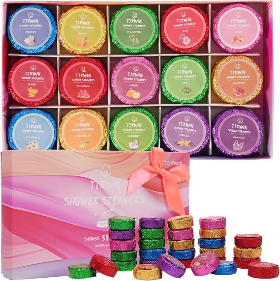 Shower Steamers Aromatherapy 30 Pack Shower Bombs with Natural Essential Oils, Home SPA Stress Relief Christmas Stocking Stuffers Birthday Gifts for Women Mom Men Self Care Relaxation