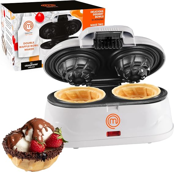 MasterChef Double Waffle Cone Bowl Maker- Makes Two 4" Bowls at Once | Nonstick Easy To Clean, Even Heating- Perfect Homemade Ice Cream Sundaes, Fruits Custard- Fun Dessert for Holiday Party, Gift