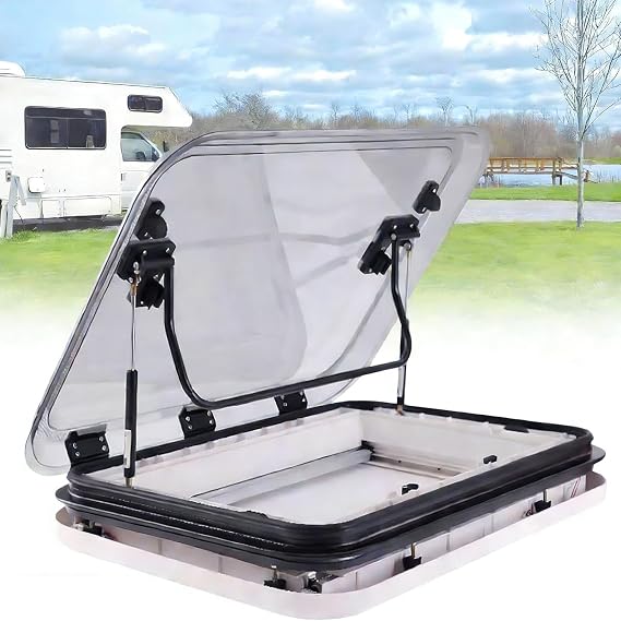 Roof Window Hatch with LED Light for RVs and Campers, 70° Opening, Dual Function Roof Vent, 80x50cm for Caravans and Boats