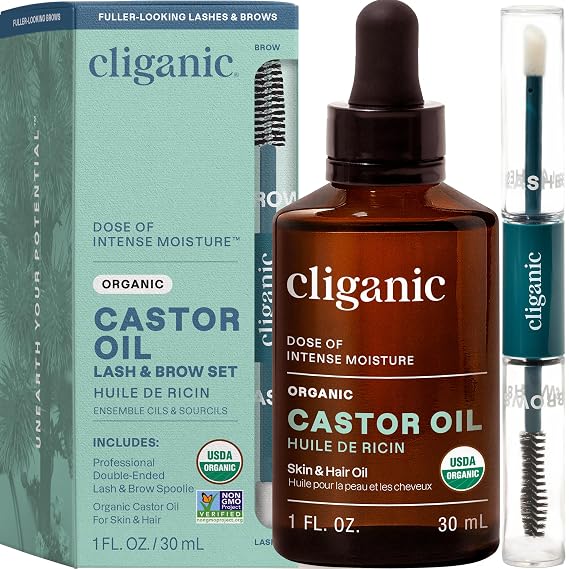 Cliganic Castor Oil Organic Cold Pressed for Eyelashes, Eyebrows & Skin 1oz