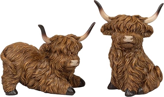 Highland Cow Decor for Home, 2pcs Highland Cows Resin Figurines for Kitchen Desk Book Shelf, Birthday Gifts for Women and Kids