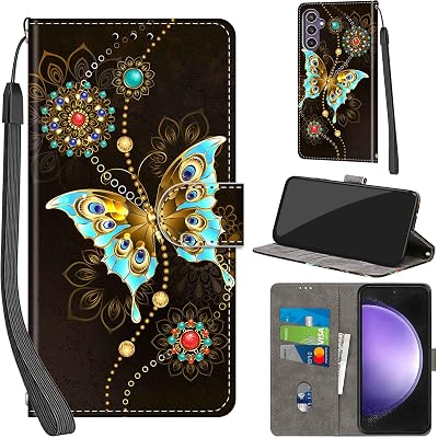 Case Wallet for Samsung Galaxy S23 FE 5G, with [3 Card Slots], Kickstand Magnetic Closure PU Leather Shockproof Protective Flip Cover 6.4, Green Butterfly