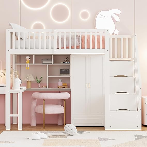 Bunk Bed 90 x 200 cm with Wardrobe Desk and Stairs Children's Beds Storage Bed for Children Functional Bed Bunk Bed Youth Bed without Mattress