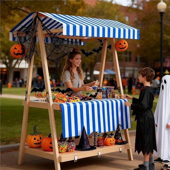 Foldable Vendor Stall for Street/Farmers Market, Vendor Booth Display Stands for Party Pop-up Community Catering, Commercial Kiosk Stand Booth Wooden, Green Blue Yellow Pink(Blue)