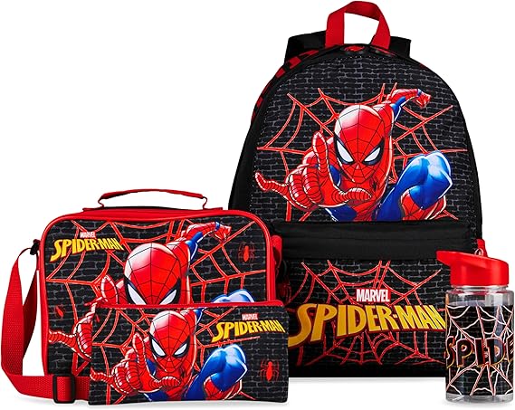 Marvel Spiderman Backpack Set 4 Pcs Kids Water Bottle 400ml Pencil Case Insulated Lunch Bag Tweens School Supplies Travel Holiday