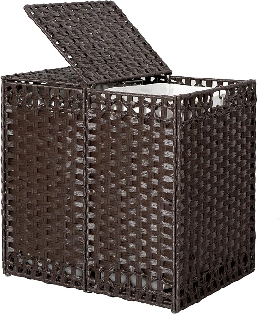 130L Foldable Laundry Hamper with Lid - Handwoven Rattan Storage Basket, 2-Section Clothes Hamper w/2 Removable Liner Bags, Easy Assembly, Portable for Bedroom Bathroom Dorm,Brown