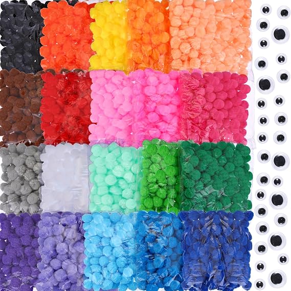 Poen 2000 Pcs Pom Poms Bulk, 1 Inch/ 2.5cm with Wiggle Eyes