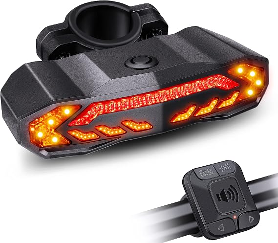Smart Bike Tail Light with Turn Signals, Rechargeable Bicycle Horn Bike Alarm with Remote, Auto-Sensing Bike Turn Signals Light Alarm