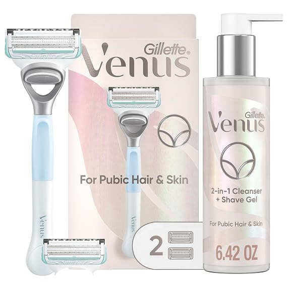 Gillette Venus for Pubic Hair and Skin Shaving Set, Womens Razor, 1 Handle + 2 Blade Refills + 2-in-1 Cleanser