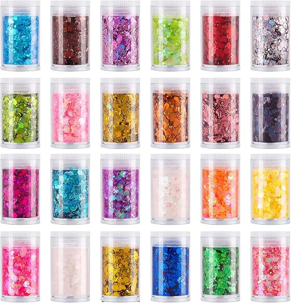 Estanoite 24 Color Sequins & Fine Glitter Mix - Holographic Glitter Flakes for Face, Body, Eye, Hair & Nail Art