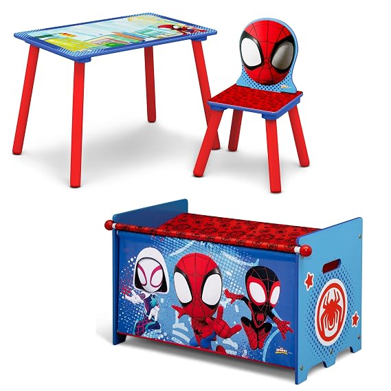 Delta Children Marvel Spidey and His Amazing Friends 3-Piece Toddler Playroom Set Includes Table, Chair and Toy Box, Blue/Red