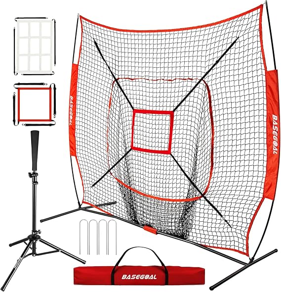 BaseGoal 7x7ft Baseball Practice Net with Batting Tee and Strike Zone
