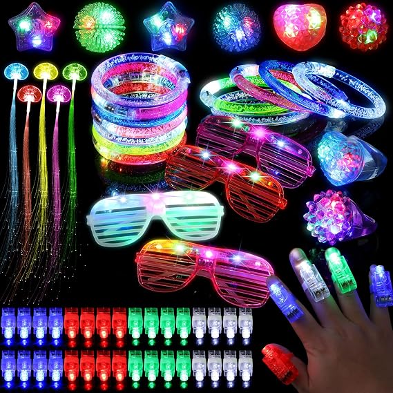 64-Piece LED Light Up Toy Party Set - Glow-in-the-Dark Party Accessories with Finger Lights (40) LED Light Rings (8) Flashing Glasses (4) Arm Lights (8) & Fibre Optic Hair Lights (4)
