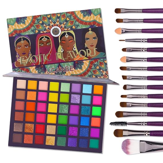 UCANBE EXOTIC FLAVORS Eyeshadow Palette + 15 PCS Eye Brushes Makeup Set 48 Colors Neon Shimmer Matte Glitter Eye Shadow Po.