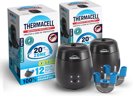 Thermacell E-ZoneGuard Patio Rechargeable Mosquito Repellent, 2-Pack, Value | 20-FT Zone Each; 2x 5.5Hr Bats; 2x 12-Hr Refills; Proven Outdoor Protection; Bug Spray Alternative; Scent Free; DEET-Free