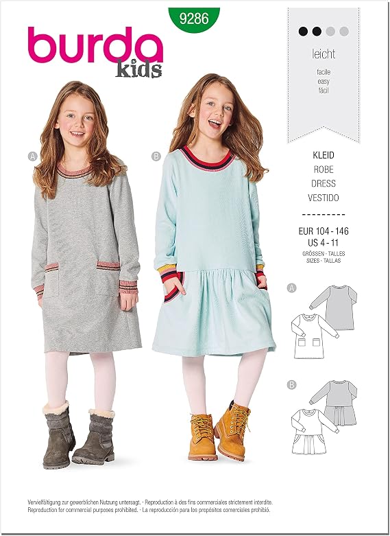 Burda Style Girl's Shirt Dress, Code 9286 Sewing Pattern Kit, Sizes 4-11, Multicolor