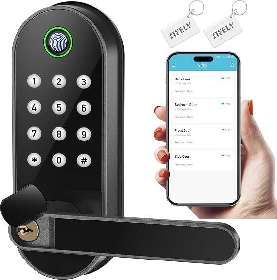 Fingerprint Smart Door Lock with Handle & Keypad Bluetooth Keyless Entry for Front Door, Home, Kids, Guests, Airbnb & Rental, App + Code Access, Compatible with Alexa & Google, Easy DIY Install