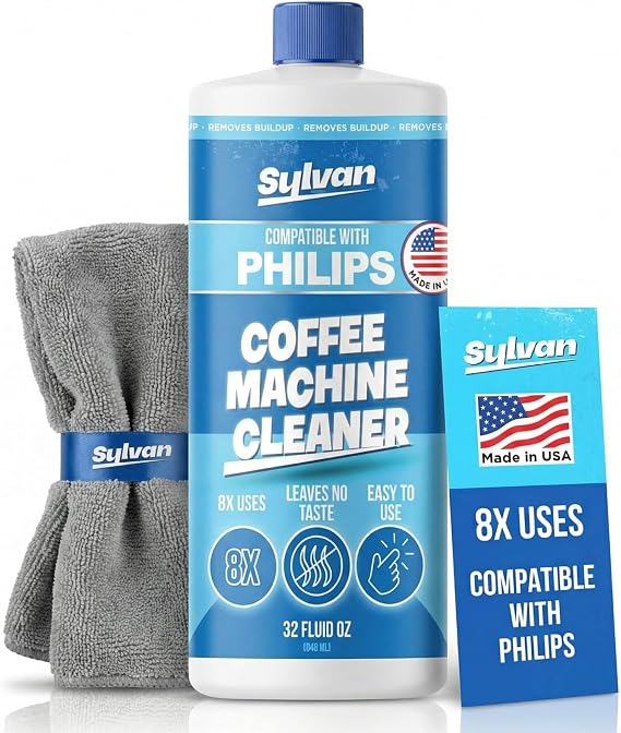 Descaling Solution Compatible with Philips Saeco | Free Cleaning Cloth | 12 Month Supply | Made in the USA | Descaler for Philips Machines | 32 Oz | Coffee Machine Cleaner and Decalcifier