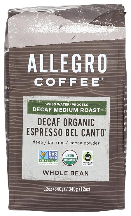 Allegro Coffee Decaf Organic Espresso Bel Canto Whole Bean Coffee, 12 oz