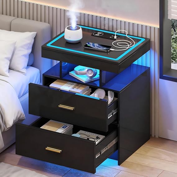Lvifur Glass Top LED Nightstand with Wireless Charging & Auto Sensor, Black
