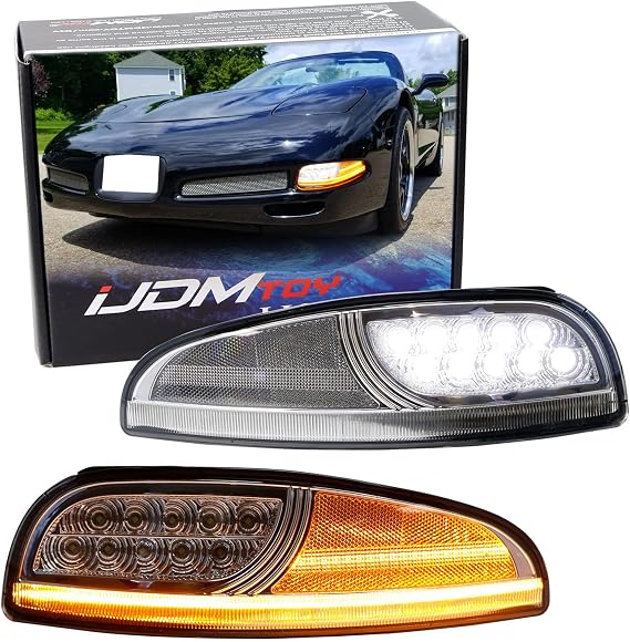 iJDMTOY Clear Lens LED DRL/Laser Sequential Front Turn Signal Light Assembly Compatible With 1997-2004 Chevrolet Corvette C5, Xenon White LED Parking/Driving & Full Amber LED Blinker