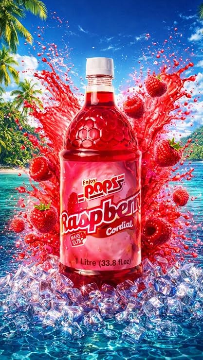 Enjoy POPS Beverage Base Syrup (1 x 33.8 Fl.Oz Bottle) Tasty Raspberry POPS Cordial, Sip Up. Cool Down.