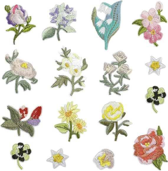 16pcs Iron on Patches Mixed Flower Appliques in Assorted Size Iron Embroidery Applique Decoration DIY Patch for Backpack Clothing Men Women Kids