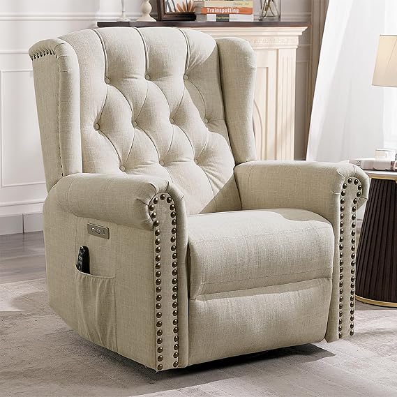 MEETWARM Power Swivel Rocking Glider Recliner Chair with Heat and Vibration, Electric Rocker Nursery Reclining Chair, Wingback Tufted Upholstered Recliner for Living Room, Type-C & USB Ports (Beige)