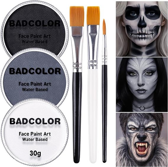 White Black Grey Skeleton Makeup Face Body Paint, Skull Face Painting Kit with Painting Brushes for Halloween, Water Based Face Paints for Goth Ghoul Clown Wolf & Statue SFX Cosplay Stage Make-Up