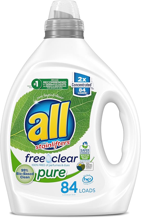 all Liquid Laundry Detergent, Free Clear Pure, 99% Biobased, Unscented and Hypoallergenic, 2X Concentrated, 84 Loads