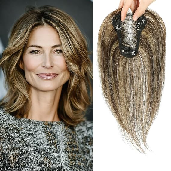 Hair Toppers for Women Upgrade Swiss Lace Base Hair Topper 10inch Hairpieces for Women with Hairloss (Medium Brown with Highlight)