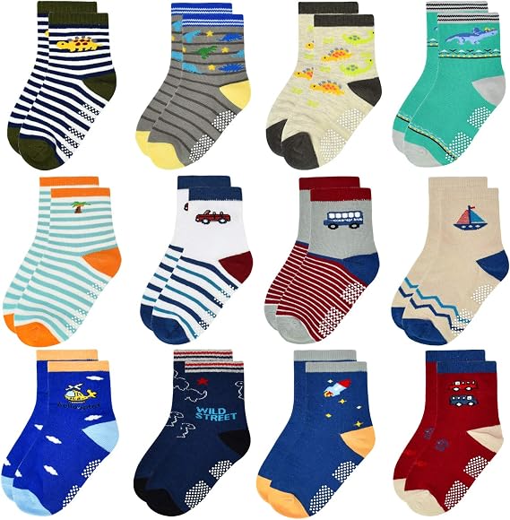 Tphon Toddler Boy Socks with Grips 12 Pairs Kids Anti Slip Cotton Crew Socks for Boys, Girls 1-7 Years