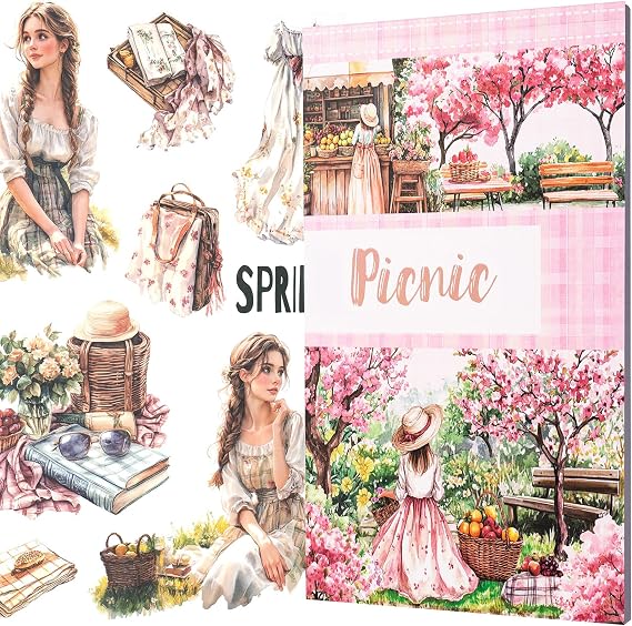 YagCu Scrapbook Sticker Book, Picnic Journaling Stickers, Junk Journal Supplies, Pre-Cut Aesthetic Scrapbooking for Adults, Decorative Ephemera Bullet Planner DIY Arts Craft Collage