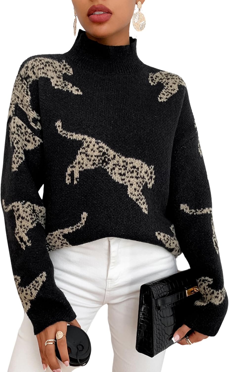 WDIRARA Womens Leopard Tiger Print Sweater High Neck Long Sleeve Fuzzy Knitted Pullover Top