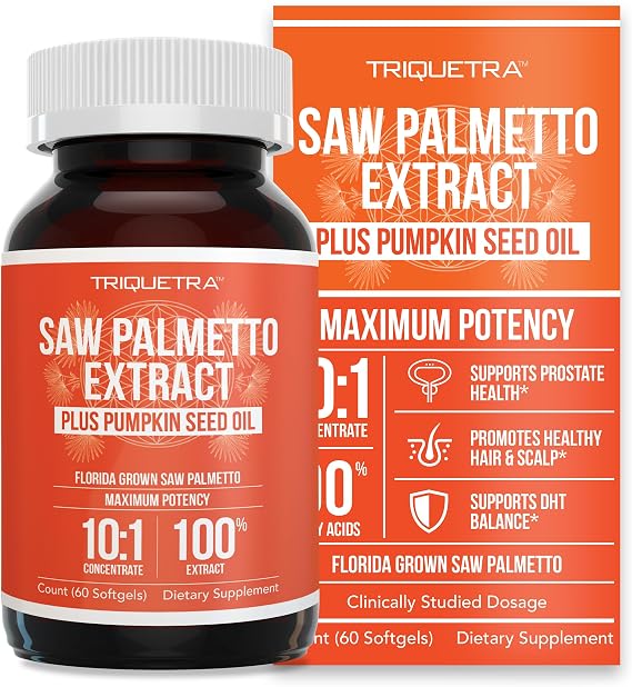 Saw Palmetto Extract 10X Potency, Pharmaceutical Grade Strength - Plus Pumpkin Seed Oil - Supports Prostate Health, Relieves Urination Issues, Supports Hair Growth, DHT Blocker 60 Softgels