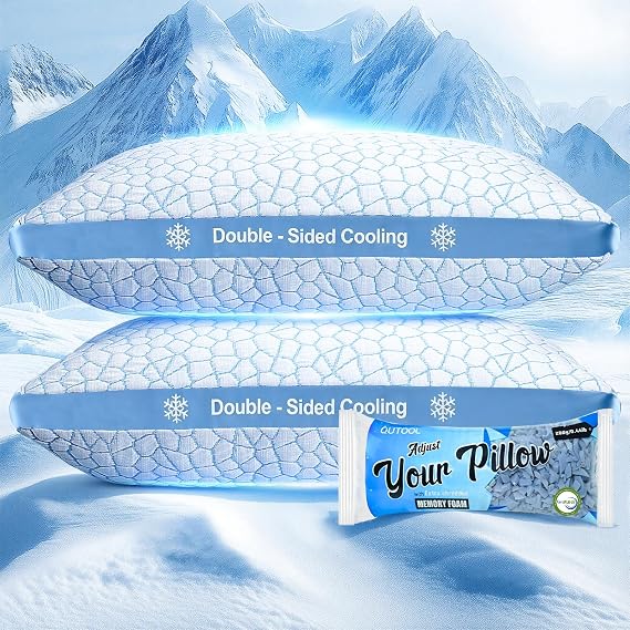 QUTOOL Double Sided Cooling Pillow for Hot Sleepers, Shredded Memory Foam Pillows King Size Set of 2, Adjustable Soft & Firm Gel Bed Pillow for Side, Back, Stomach Sleepers