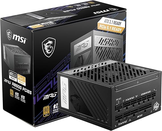 MSI MPG A850G PCIE5, Fully Modular Compact Gaming 850W Power Supply, 80+ Gold, Native 12V-2x6 Cable, 100% Japanese Capacitor, ATX 3.1 & PCIe 5.1 Ready, Low-Noise,