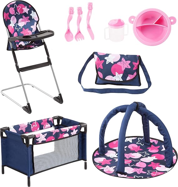 Bayer 9-in-1 Baby Doll Furniture Set, Highchair & Travel Bed, Pink & Navy