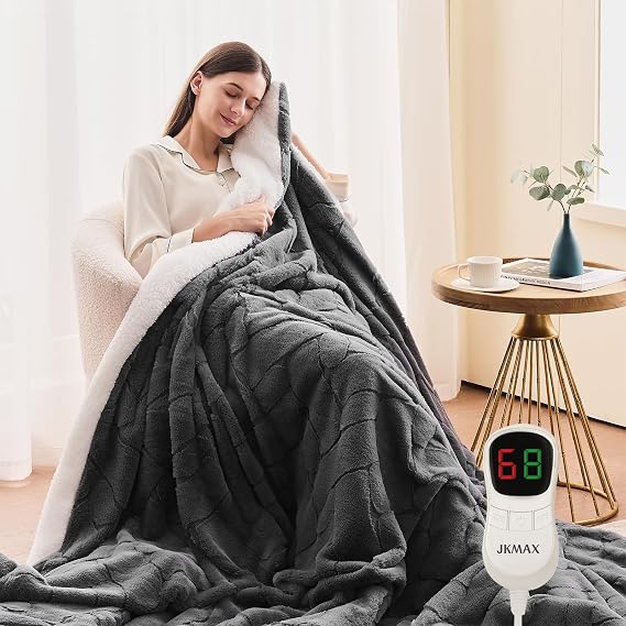 Heated Electric Blanket- Electric Throw Blanket 100"x90" for Bed- Heated Blanket with 5 Heating Levels& 4 Hours Auto Off for Home Office - Soft Faux Fur Heating Blanket for Full Body(Grey)