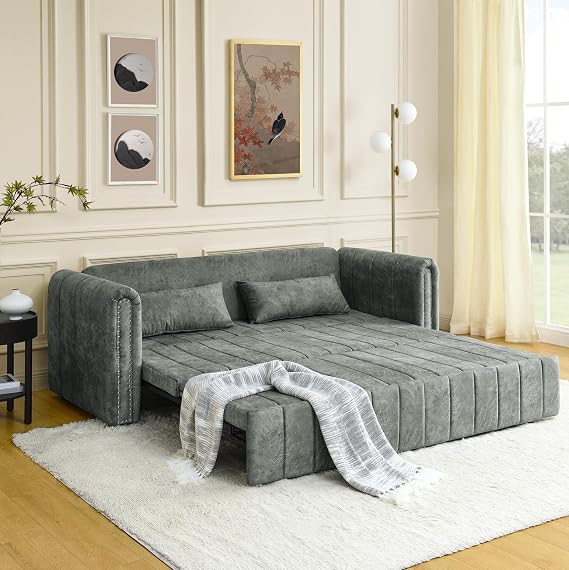 3 in 1 Pull Out Bed Sleeper, Modern Upholstered 3 Seats Lounge Sofa Couches with Rolled Arms Decorated with Copper Nails, Convertible Futon 3 Seats Sofabed with Two Drawers and Two Pillows OB44